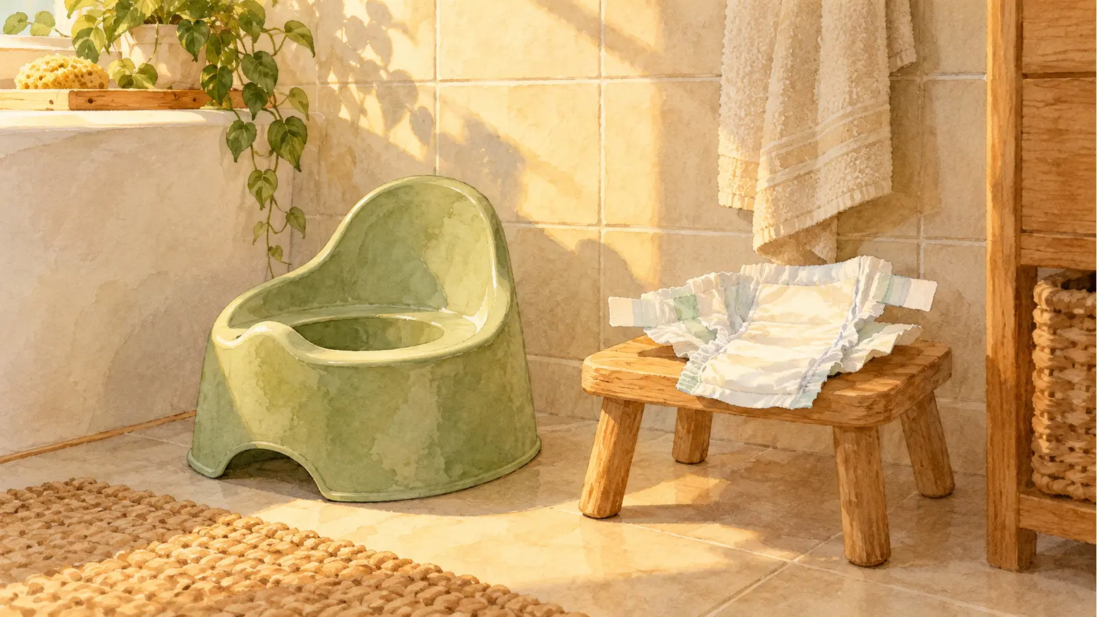 Un petit pot vert sauge vide se trouve dans la salle de bains, près d’une couche propre dépliée sur un tabouret bas.