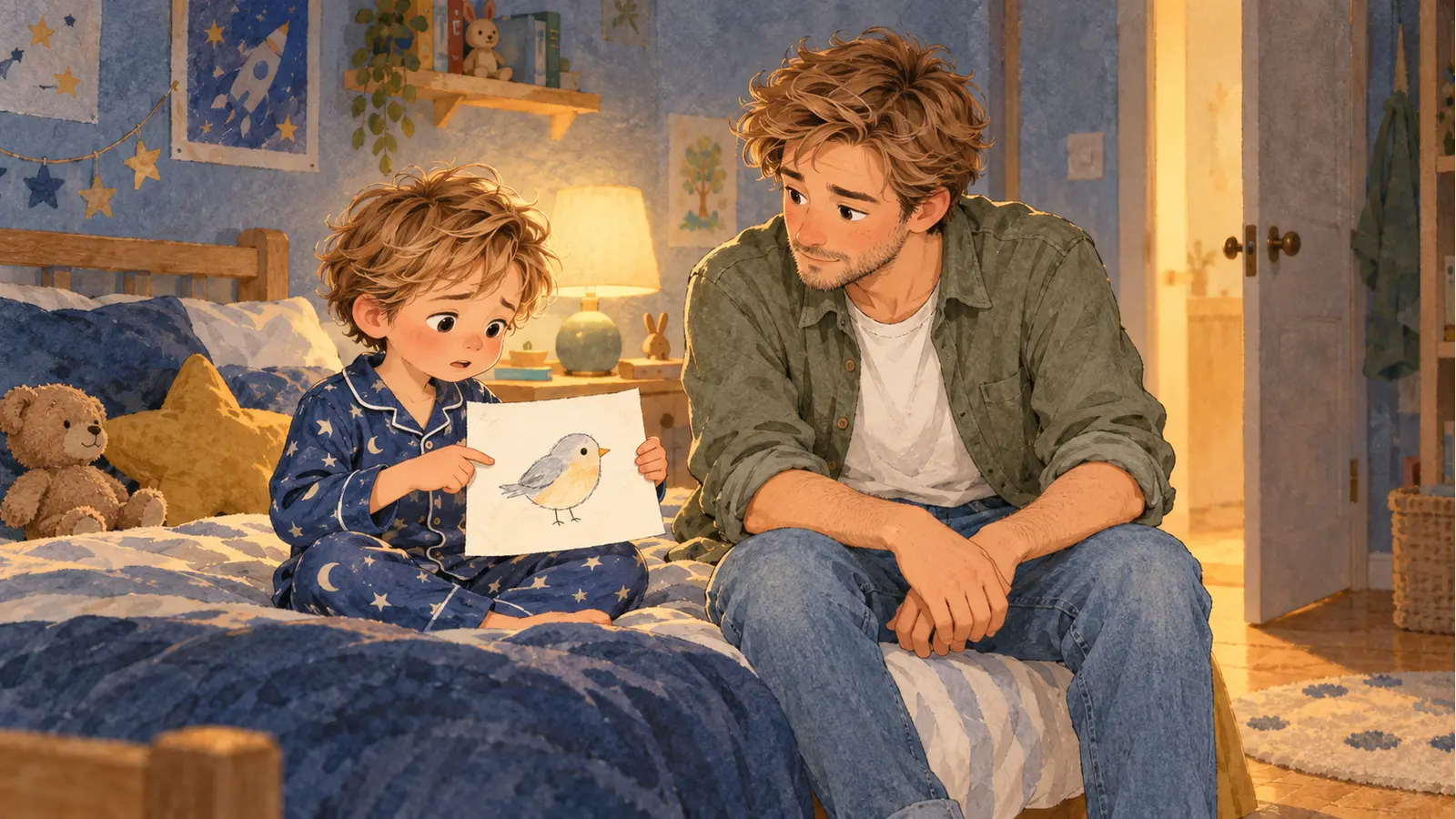 Oscar, en pyjama sur son lit, montre un oiseau dessiné sur une feuille à Julien qui l’écoute près d’une lampe allumée.