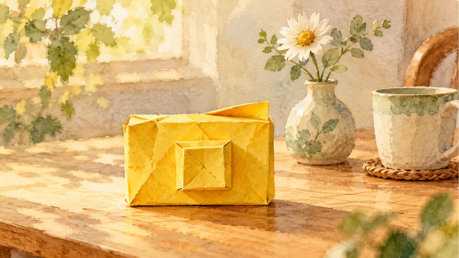 Un petit appareil photo en papier jaune aux plis irréguliers repose sur une table, près d’un vase avec une fleur et d’une tasse.