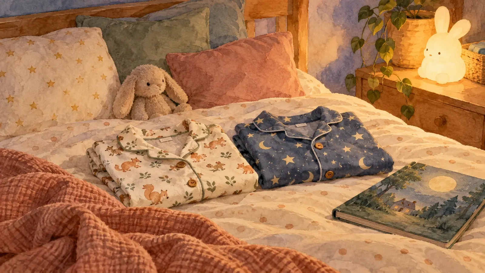 Deux pyjamas d’enfant pliés sur un lit, près d’un livre fermé et d’une veilleuse allumée.
