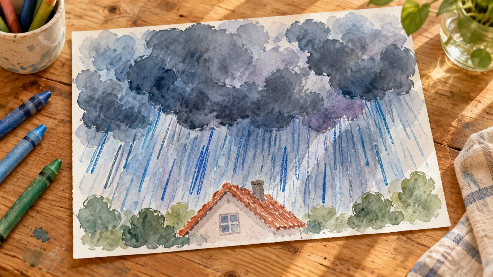 Un dessin d’enfant montre une petite maison sous de grands nuages d’orage et des traits de pluie, avec des crayons à côté.