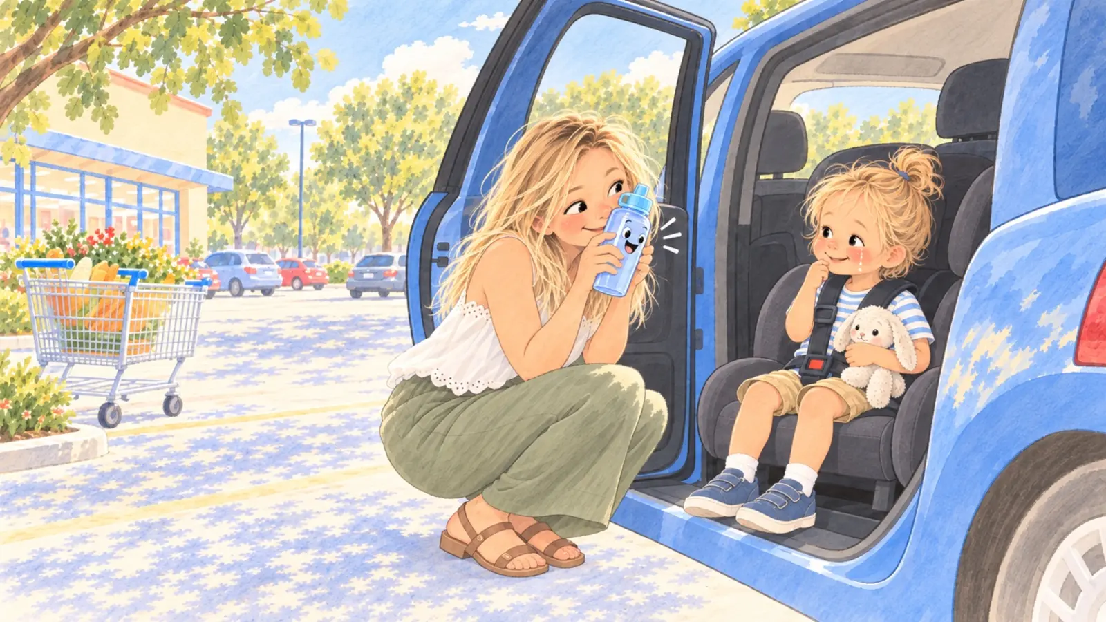Illustration à l’aquarelle de Marie faisant parler une bouteille d’eau pour aider Gabriel à retrouver le sourire dans la voiture.