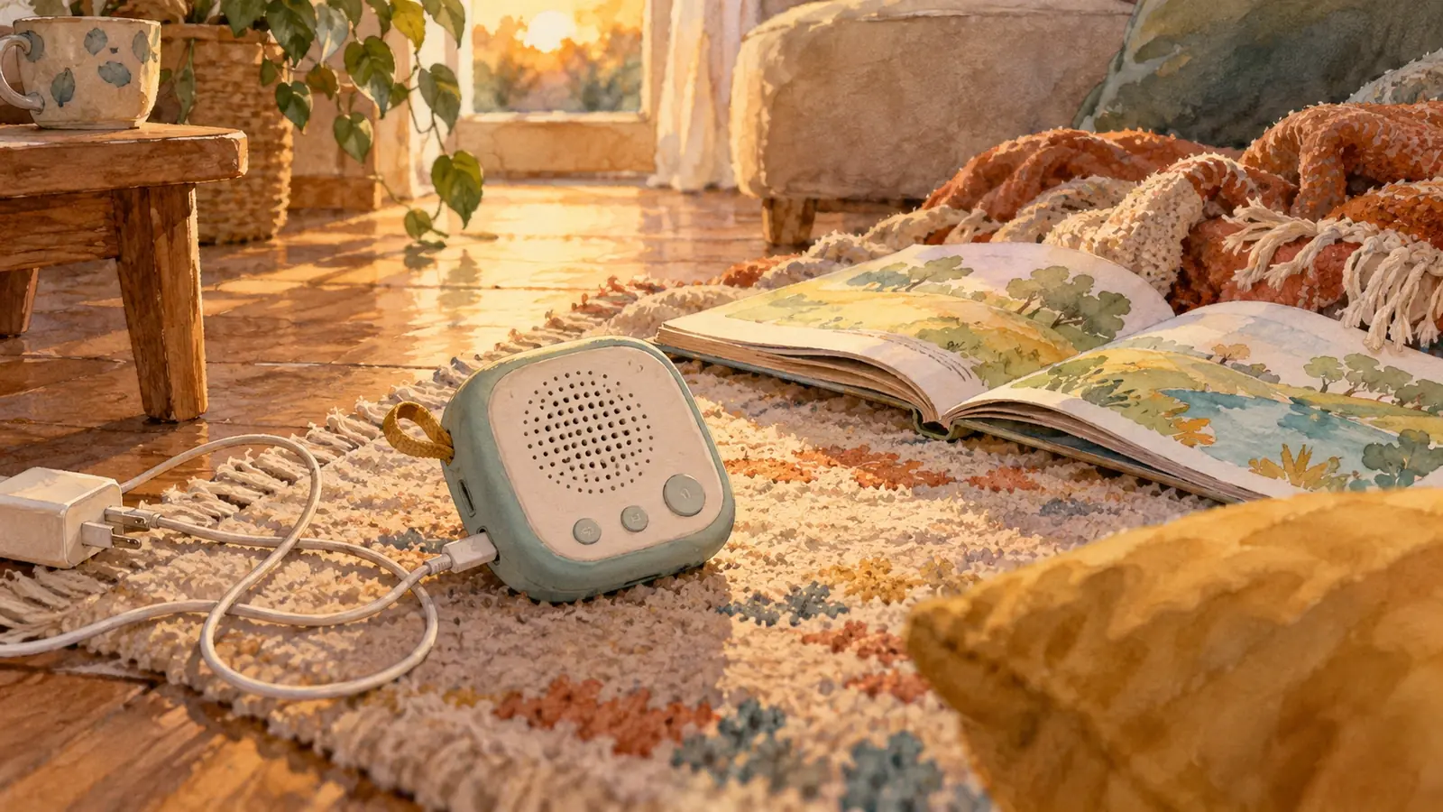 Un lecteur audio pour enfant sans écran repose sur un tapis, relié à un câble de recharge près d’un livre d’images ouvert.