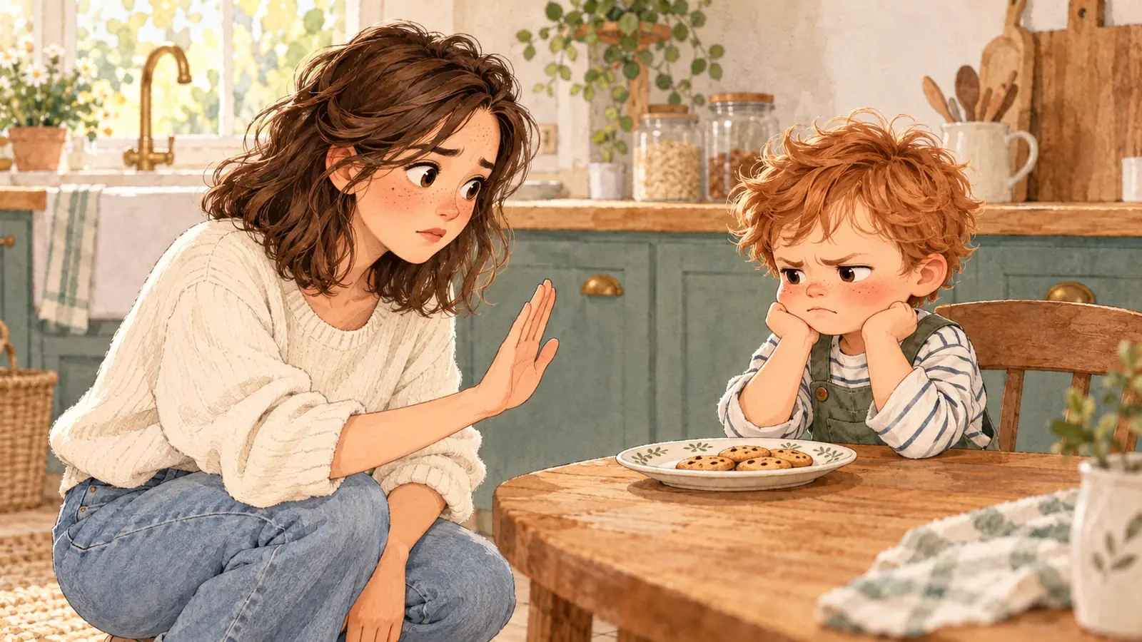 Camille se met à hauteur de Malo, contrarié devant une assiette de biscuits, dans la cuisine.