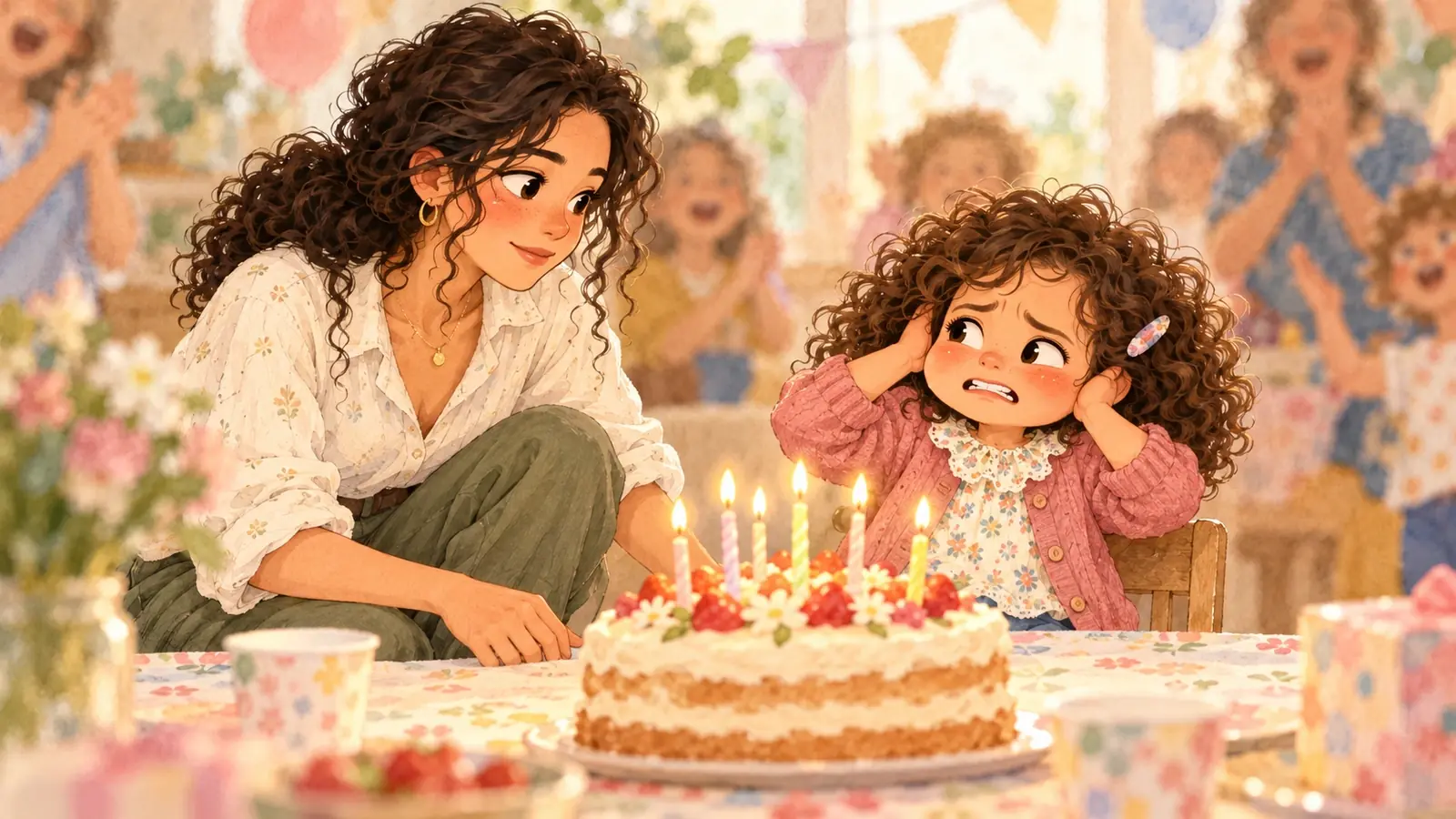 Nora s’accroupit près d’Iris, qui se bouche les oreilles devant son gâteau d’anniversaire aux bougies.