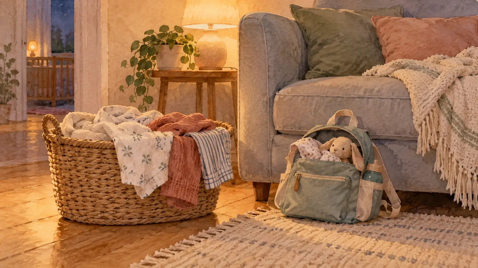 Un panier de linge propre et un sac de crèche prêt sont posés devant un canapé calme en soirée.