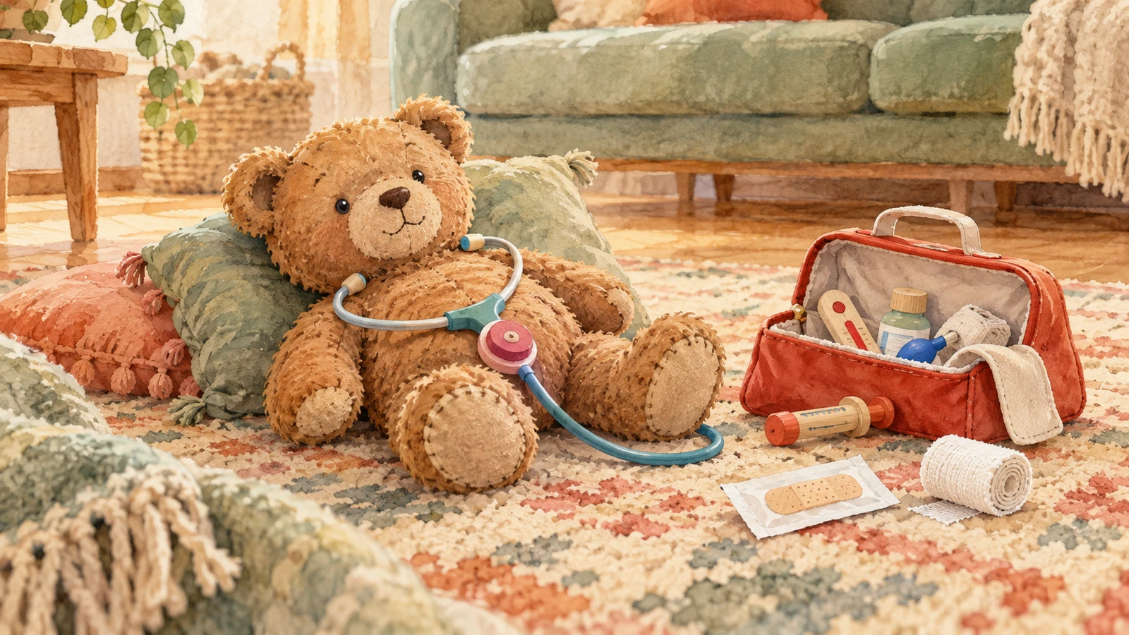 Un ours en peluche installé comme patient sur un tapis, avec un stéthoscope-jouet, une trousse médicale ouverte et un pansement.