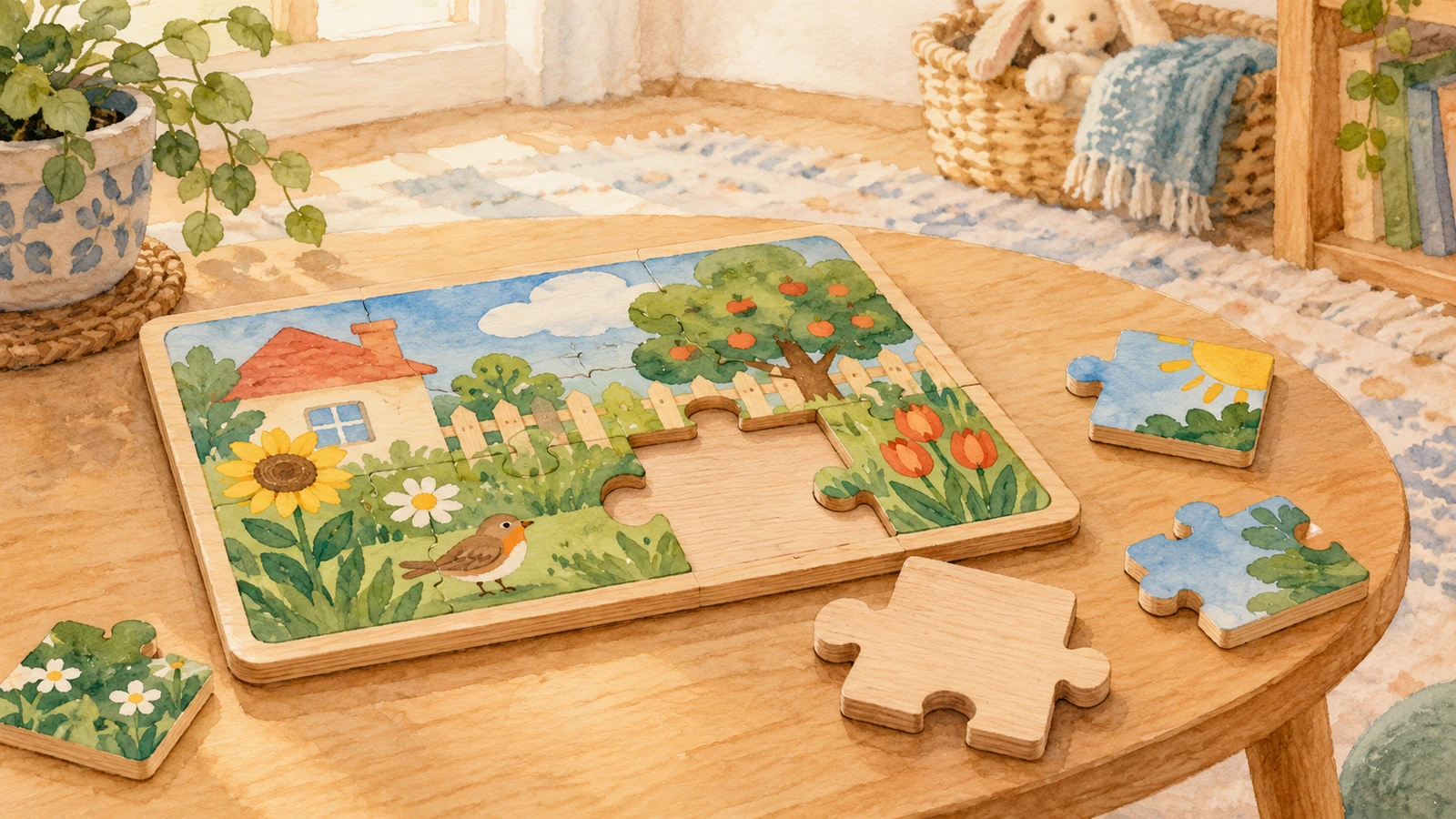 Un puzzle en bois à moitié terminé sur une petite table, avec une pièce retournée à côté d’un emplacement vide.