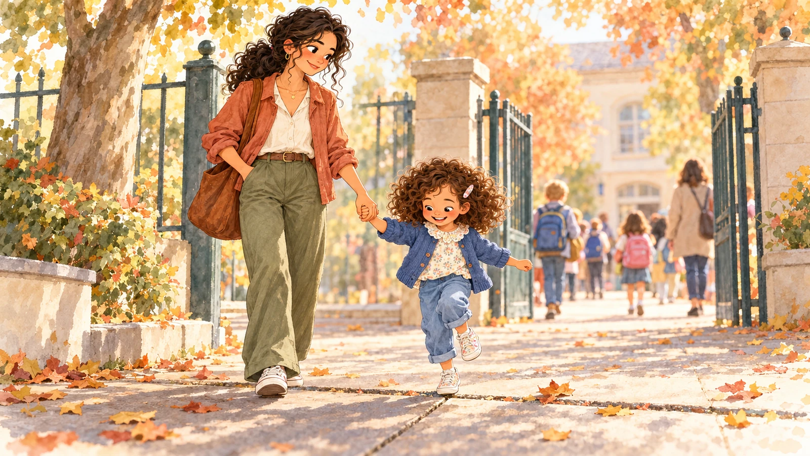 Nora tient la main d’Iris à la sortie de l’école ; Iris sourit en commençant à sauter par-dessus une ligne du trottoir.