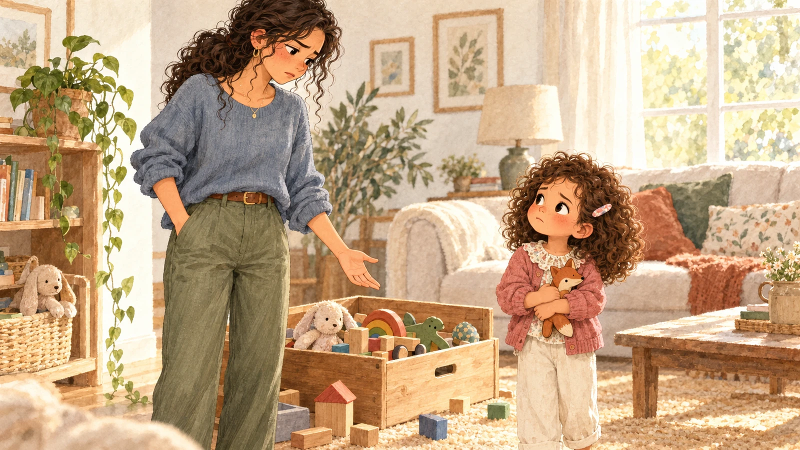 Nora, les épaules tendues et une main ouverte près d’une caisse de jouets, regarde Iris qui serre un petit renard en bois contre elle.