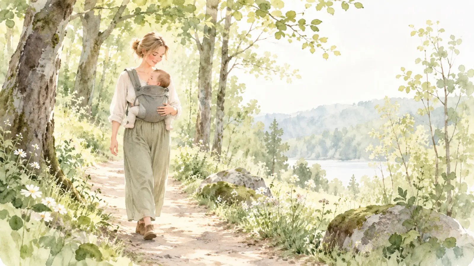 Illustration à l’aquarelle d’une mère portant son bébé dans une forêt paisible au bord d’un lac.