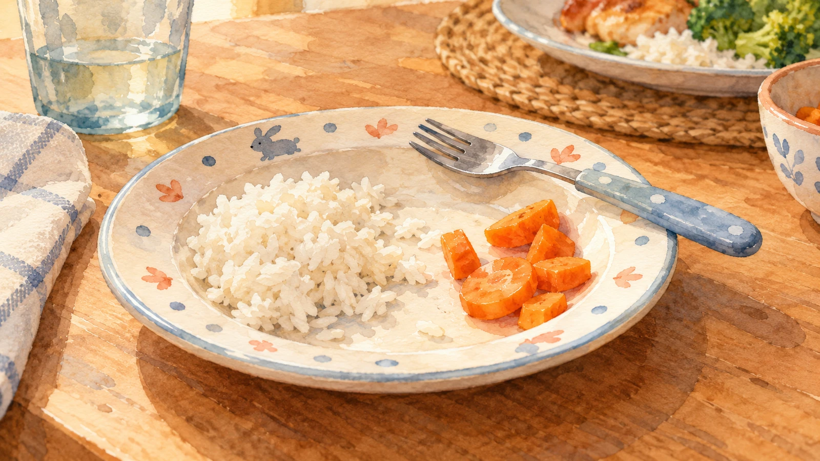 Une assiette d’enfant avec du riz blanc, quelques carottes laissées de côté et une fourchette de travers sur le bord, à une table familiale.
