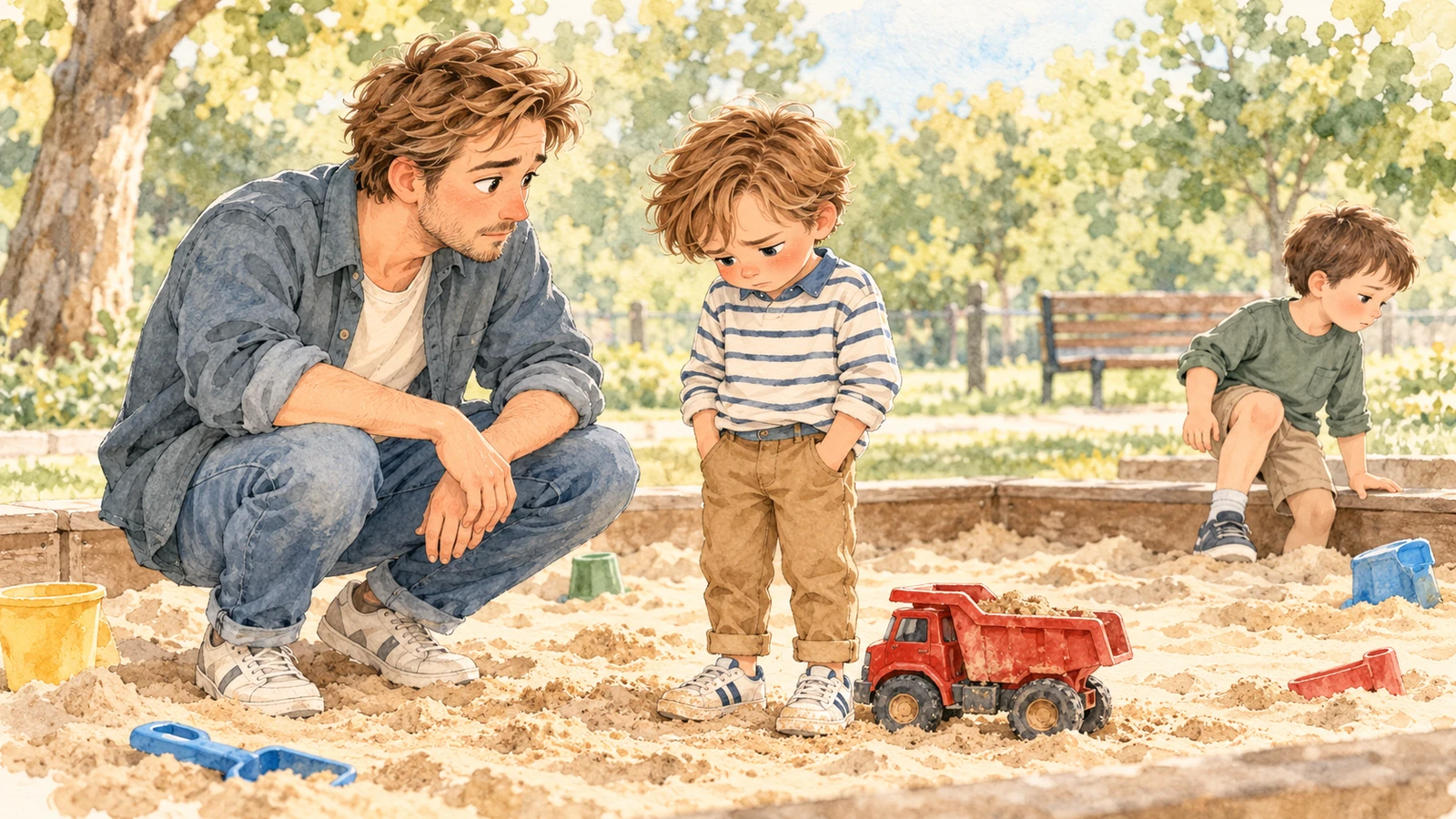 Oscar regarde ses chaussures près d’un camion rouge dans le sable ; Julien se penche calmement vers lui pendant qu’un autre garçon se relève plus loin.