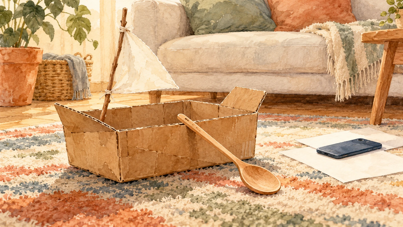 Une boîte en carton utilisée comme bateau, une cuillère en bois en guise de rame et un téléphone retourné sur le tapis du salon.