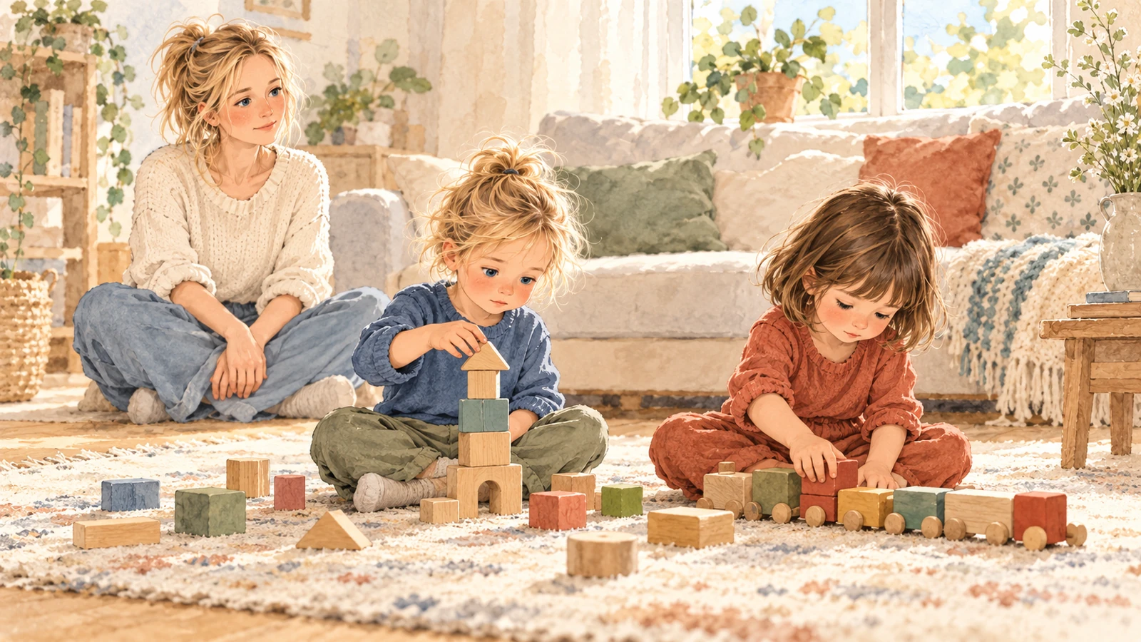 Gabriel construit une tour de cubes à côté d’Inès, qui aligne les siens en train, tandis que Marie les observe calmement depuis un peu plus loin.