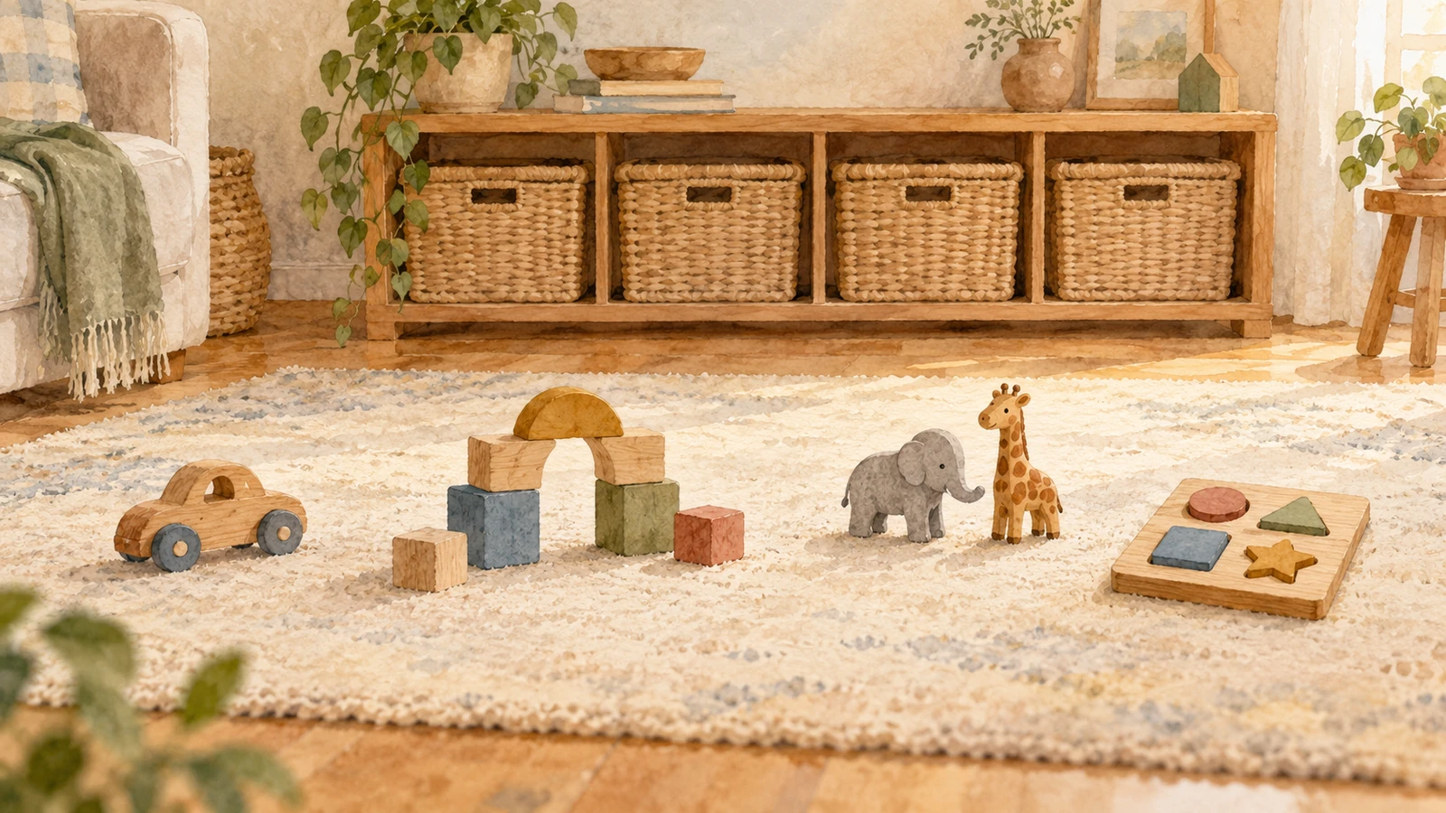 Une voiture en bois, des cubes, deux petits animaux et un puzzle espacés sur un tapis clair, devant une étagère avec des paniers fermés.