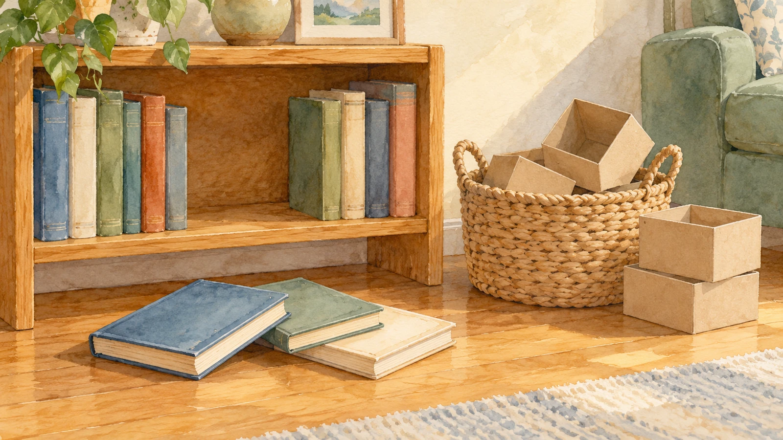 Trois livres fermés au sol devant une étagère, à côté d’un panier de boîtes en carton et de deux boîtes empilées.