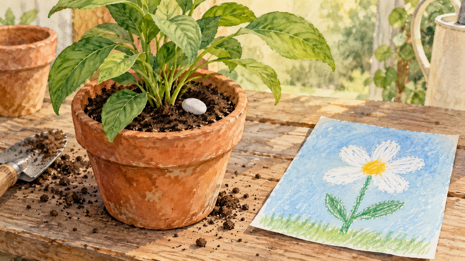 Un caillou blanc dans la terre d’une plante en pot, à côté d’un dessin enfantin de fleur blanche sur du papier bleu.
