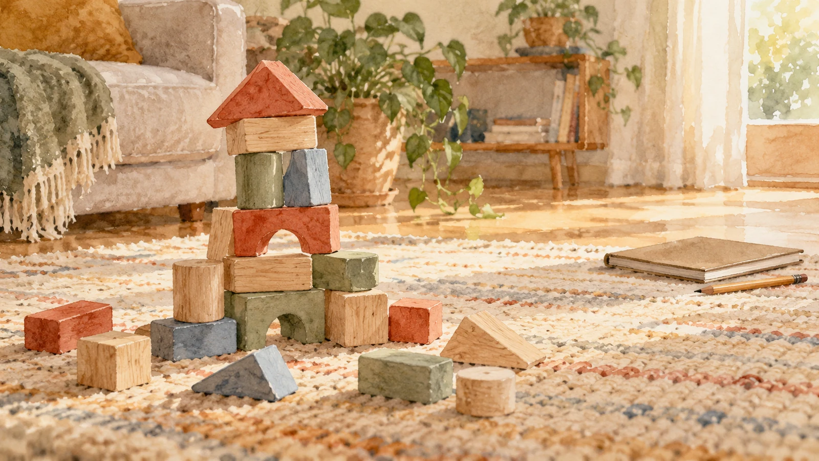 Une tour irrégulière de blocs en bois sur un tapis, entourée de pièces tombées, avec un carnet fermé et un crayon à distance.