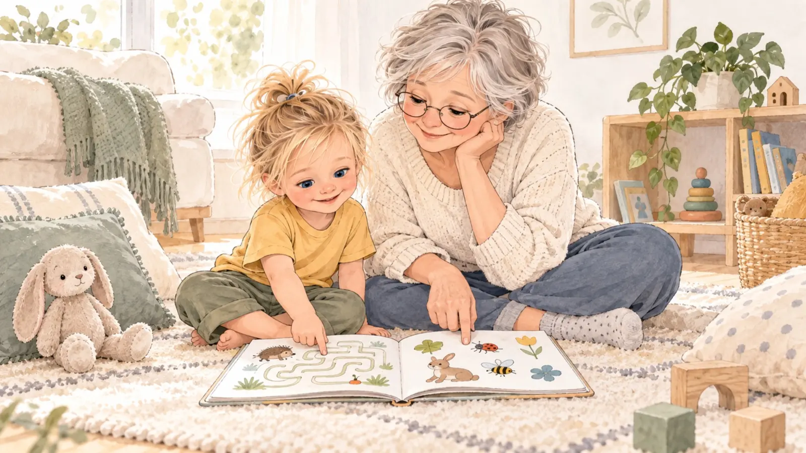 Illustration à l’aquarelle d’un enfant faisant un cahier d’activités avec sa grand-mère dans un intérieur chaleureux.