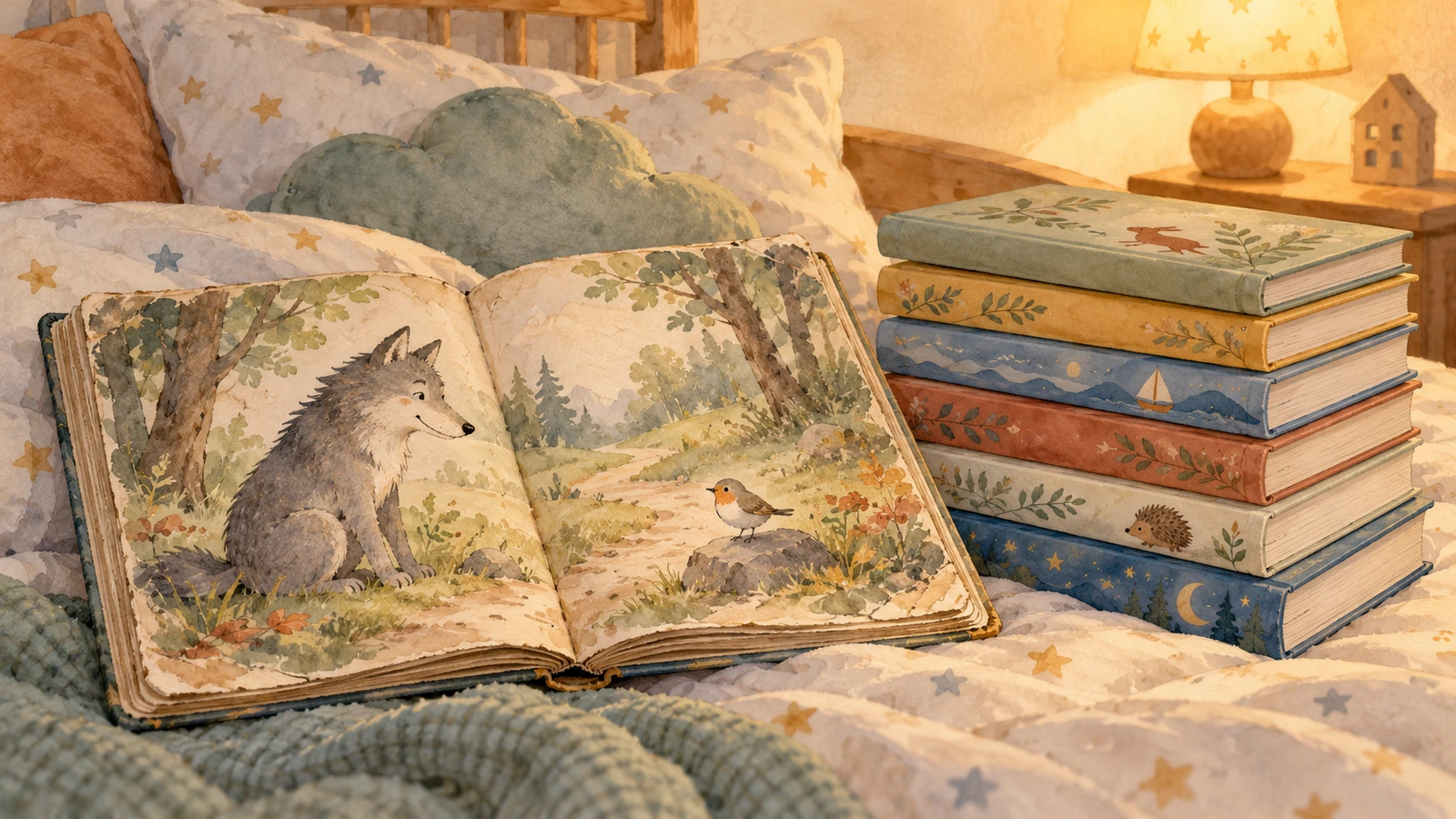 Un album usé ouvert sur un loup et un petit oiseau, près de six livres neufs sur un lit d’enfant.