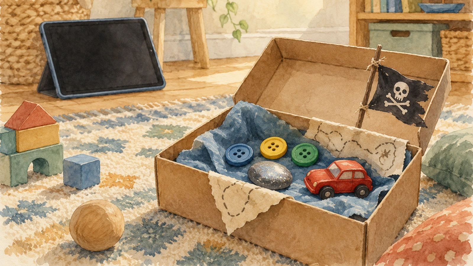 Une boîte à chaussures contenant trois boutons, un caillou brillant et une voiture rouge, devant une tablette éteinte.