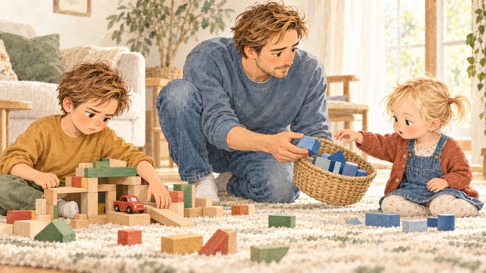 Oscar protège son garage et sa voiture rouge pendant que Julien propose un panier de cubes bleus à Alice.
