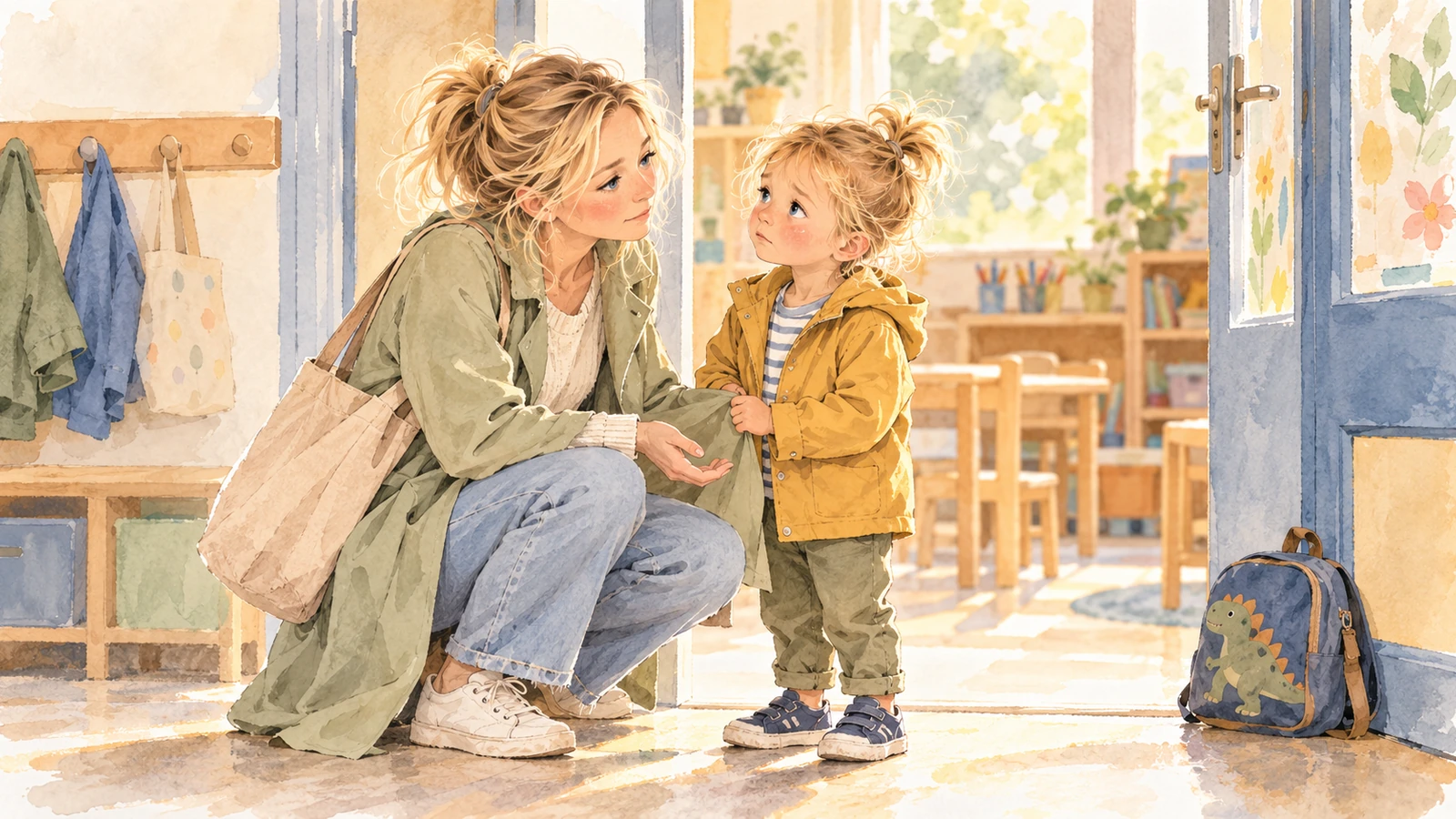Gabriel tient le manteau de Marie à l’entrée d’une classe pendant qu’elle s’accroupit pour l’écouter.