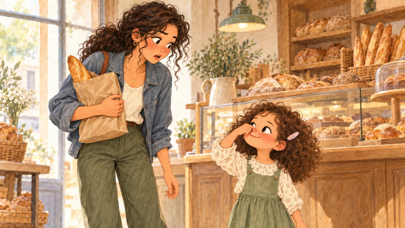 Iris pince son nez devant un comptoir de boulangerie, sous le regard surpris de Nora qui tient un sac de pain.