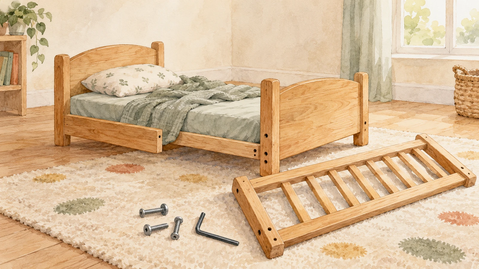 Una cama infantil de madera parcialmente desmontada, la barandilla en el suelo, tres tornillos y una llave Allen sobre la alfombra.