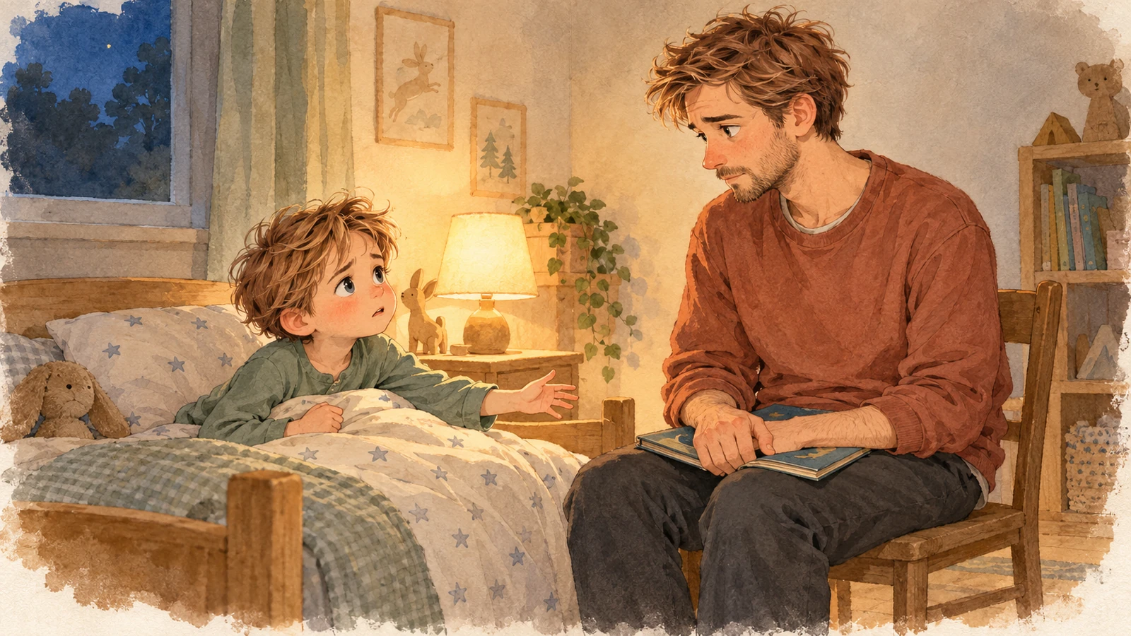 Oscar tend la main vers Julien, assis sur une chaise près de son lit avec le livre du soir fermé sur les genoux.