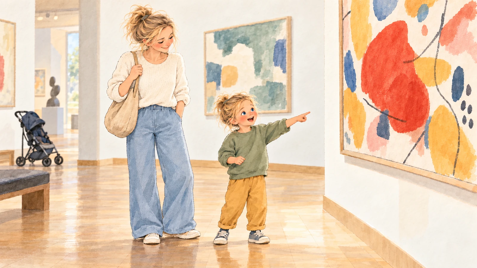 Gabriel exclaims and points at an abstract painting without touching it while Marie looks at him with a relaxed smile in a gallery.