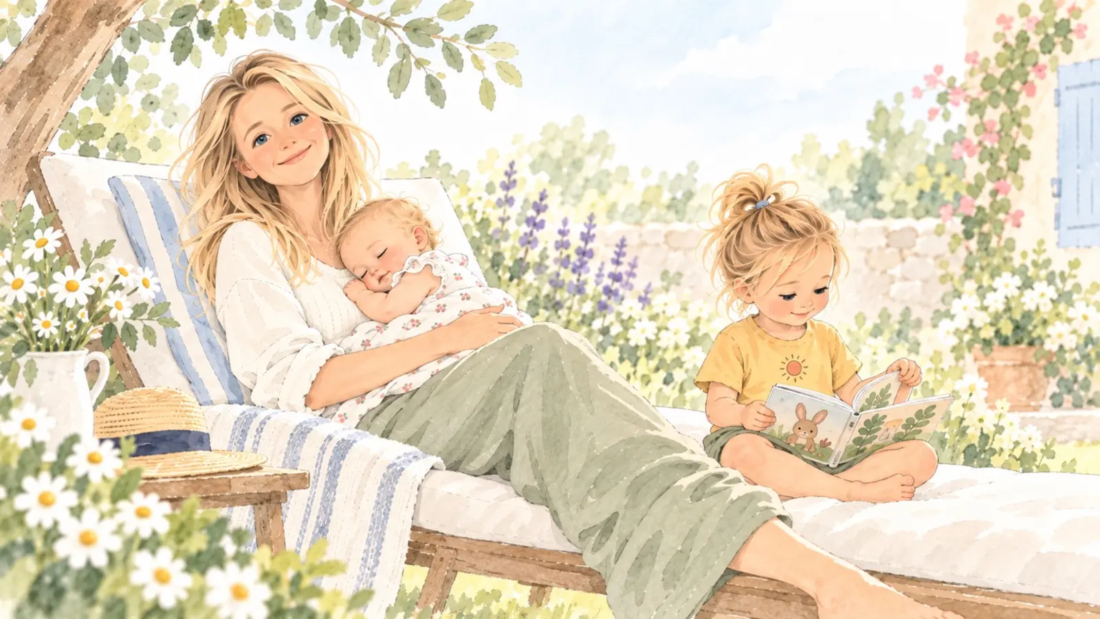 Illustration à l’aquarelle d’une mère se reposant avec son bébé pendant que son petit garçon lit dans le jardin.