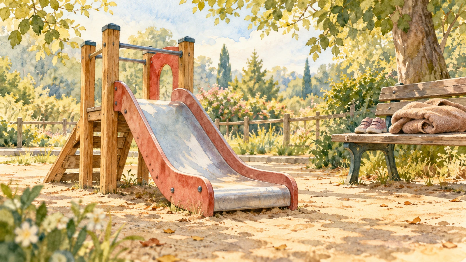 Un petit toboggan de parc aux rebords visibles, près d’un banc où reposent des chaussures d’enfant et un manteau adulte.