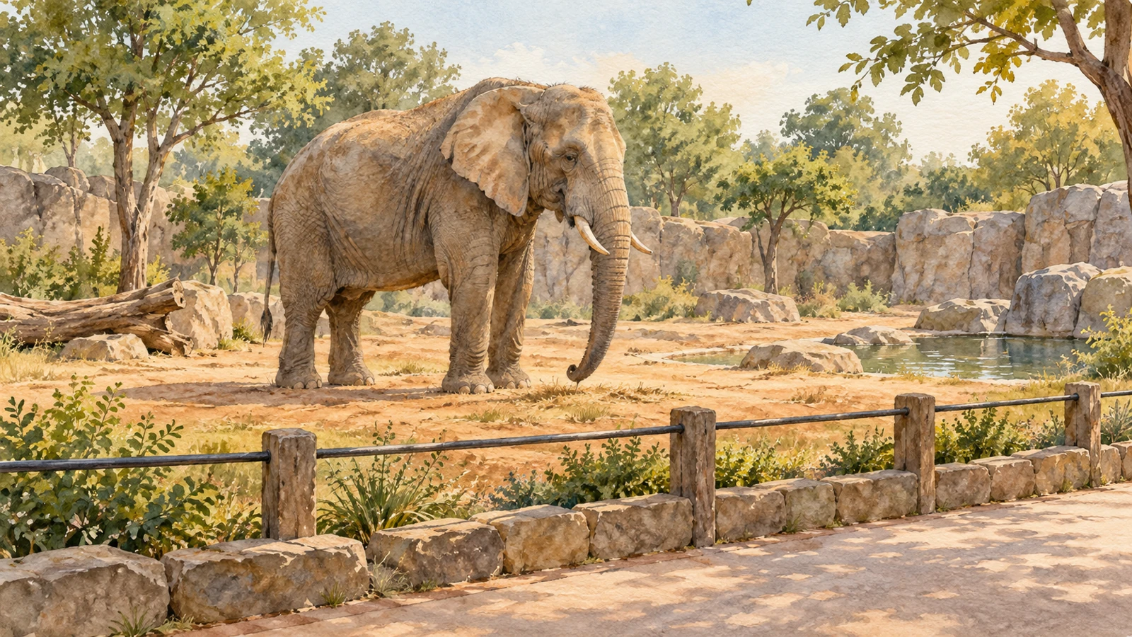 A calm elephant stands among trees in a zoo enclosure separated from an empty visitor path by a low fence.