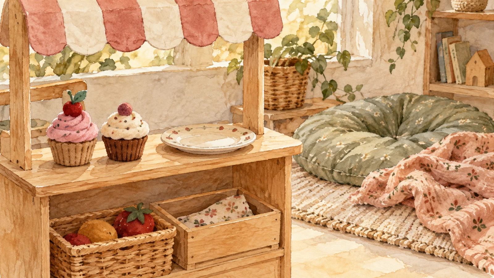 Two felt toy cupcakes and an empty plate on a wooden pretend bakery counter beside a rumpled cushion and blanket.