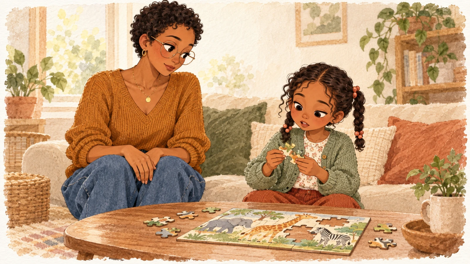 Louise turns a puzzle piece while talking quietly to herself as Élodie listens beside her with her hands on her knees.