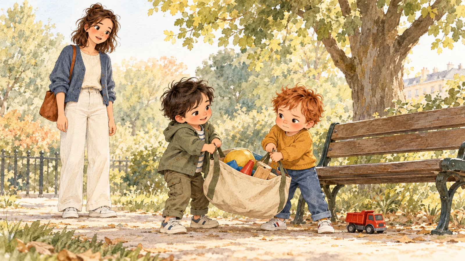 Malo and a playmate each lift one handle of a cloth bag while his red truck stays nearby and Camille watches.