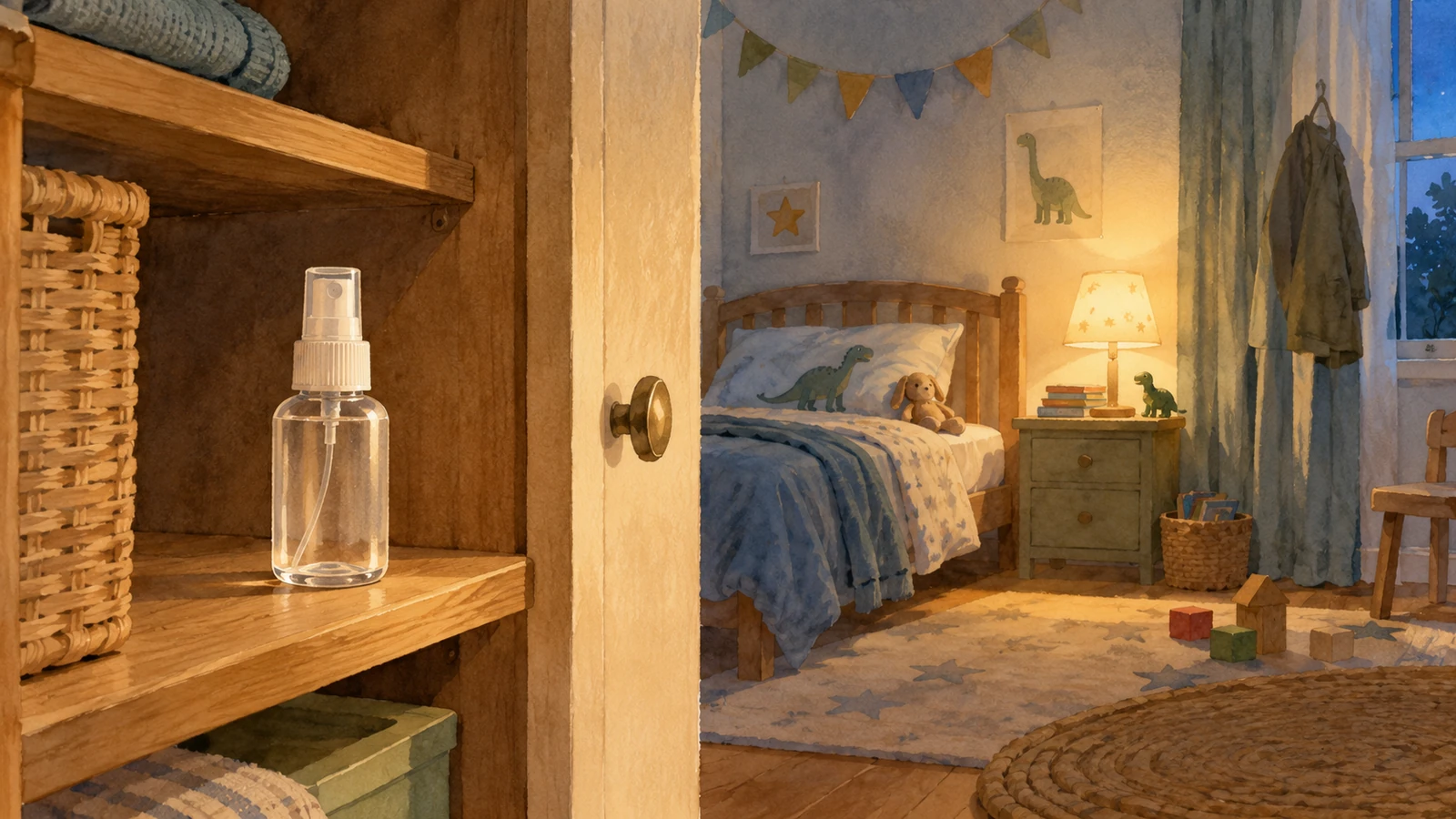 Un vaporisateur vide reste dans un placard entrouvert, près d’une chambre d’enfant éclairée par une petite lampe.