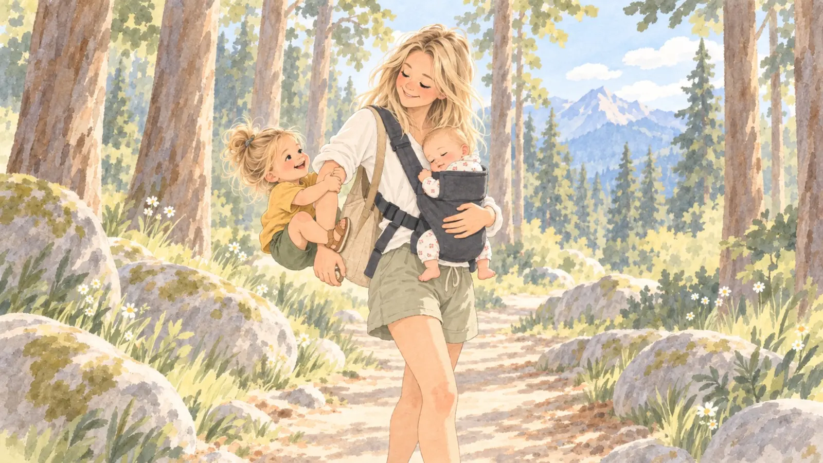 Illustration à l’aquarelle d’une mère portant son fils comme un petit singe avec son bébé endormi dans un porte-bébé, dans une forêt.