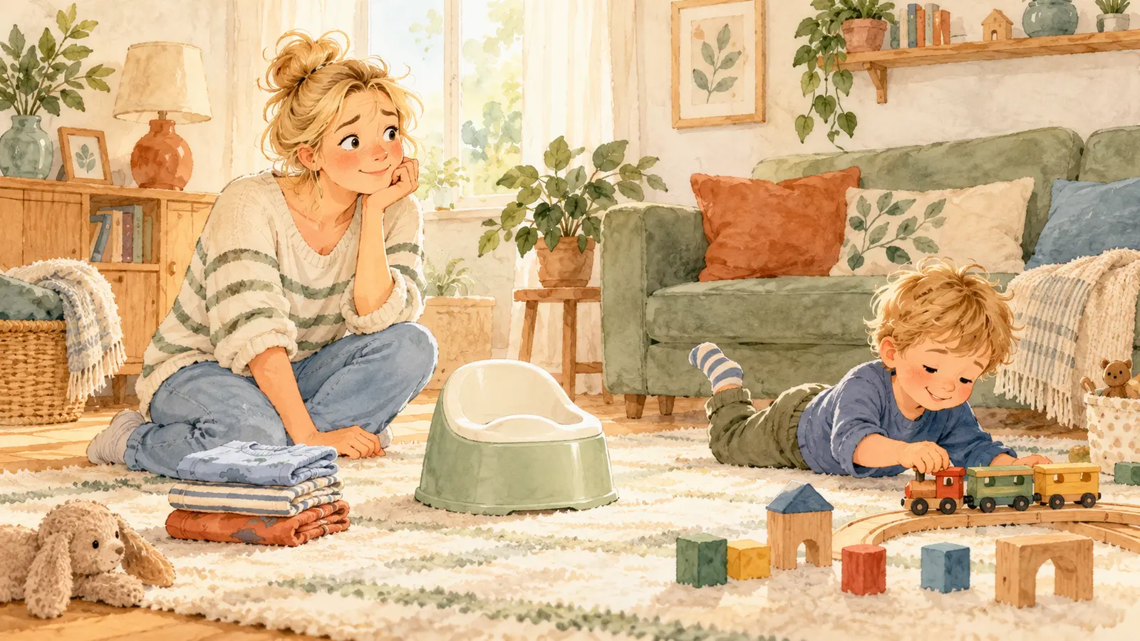 Illustration à l’aquarelle d’une mère regardant un petit pot avec amusement pendant que son fils joue tranquillement dans le salon.