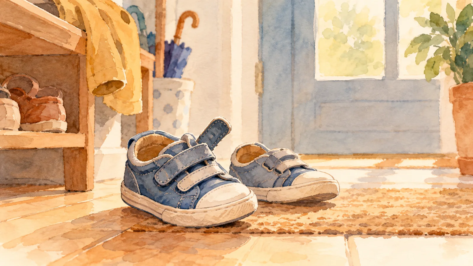 Illustration à l’aquarelle d’une petite paire de chaussures bleues d’enfant dans une entrée lumineuse.