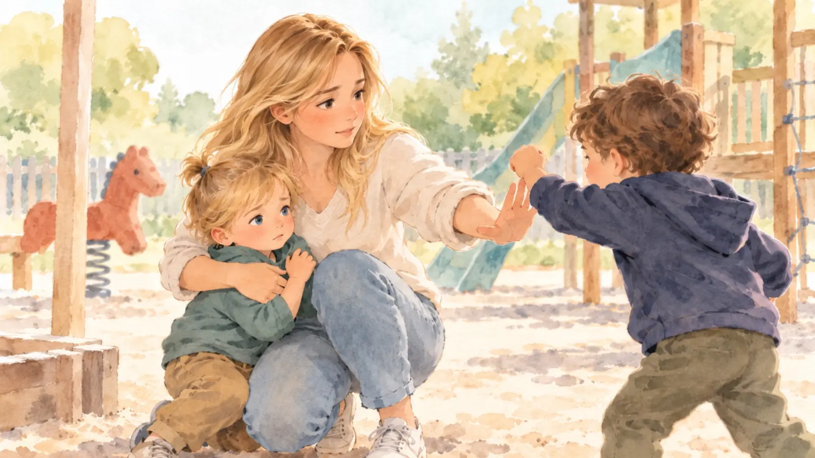 Illustration à l’aquarelle de Marie intervenant calmement pour protéger Gabriel face à un autre enfant dans une aire de jeux.