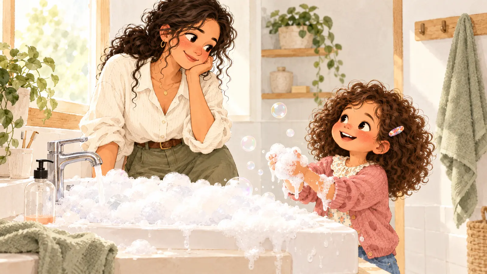 Nora observe Iris, les mains couvertes de mousse, devant un lavabo rempli de savon dans leur salle de bain.