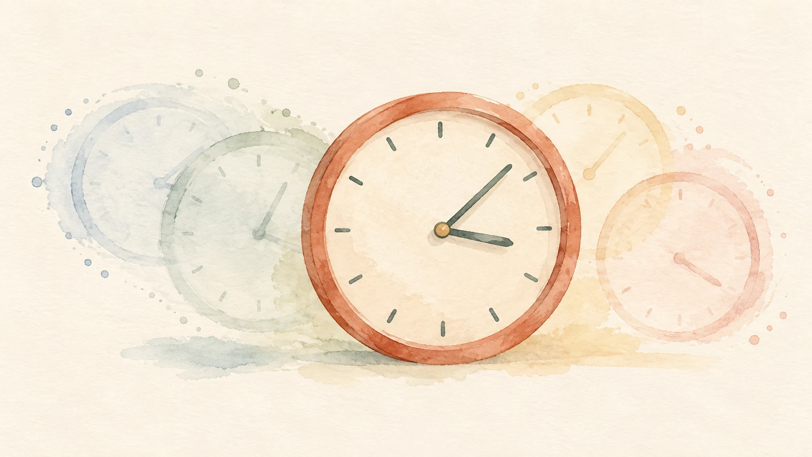 Illustration conceptuelle à l’aquarelle d’une horloge terracotta entourée d’échos pâles, évoquant la comparaison des horaires à la crèche.
