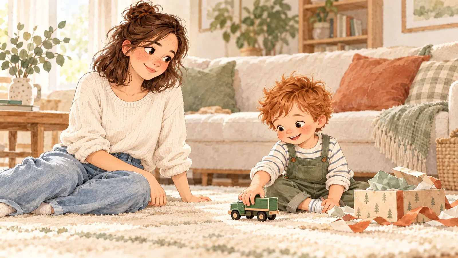 Camille regarde Malo, absorbé par un camion miniature, parmi les papiers de son cadeau ouvert.