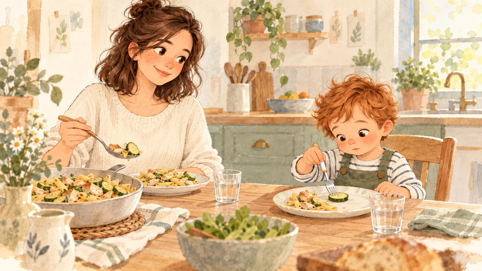 Camille sert le dîner pendant que Malo examine une rondelle de courgette dans son assiette.
