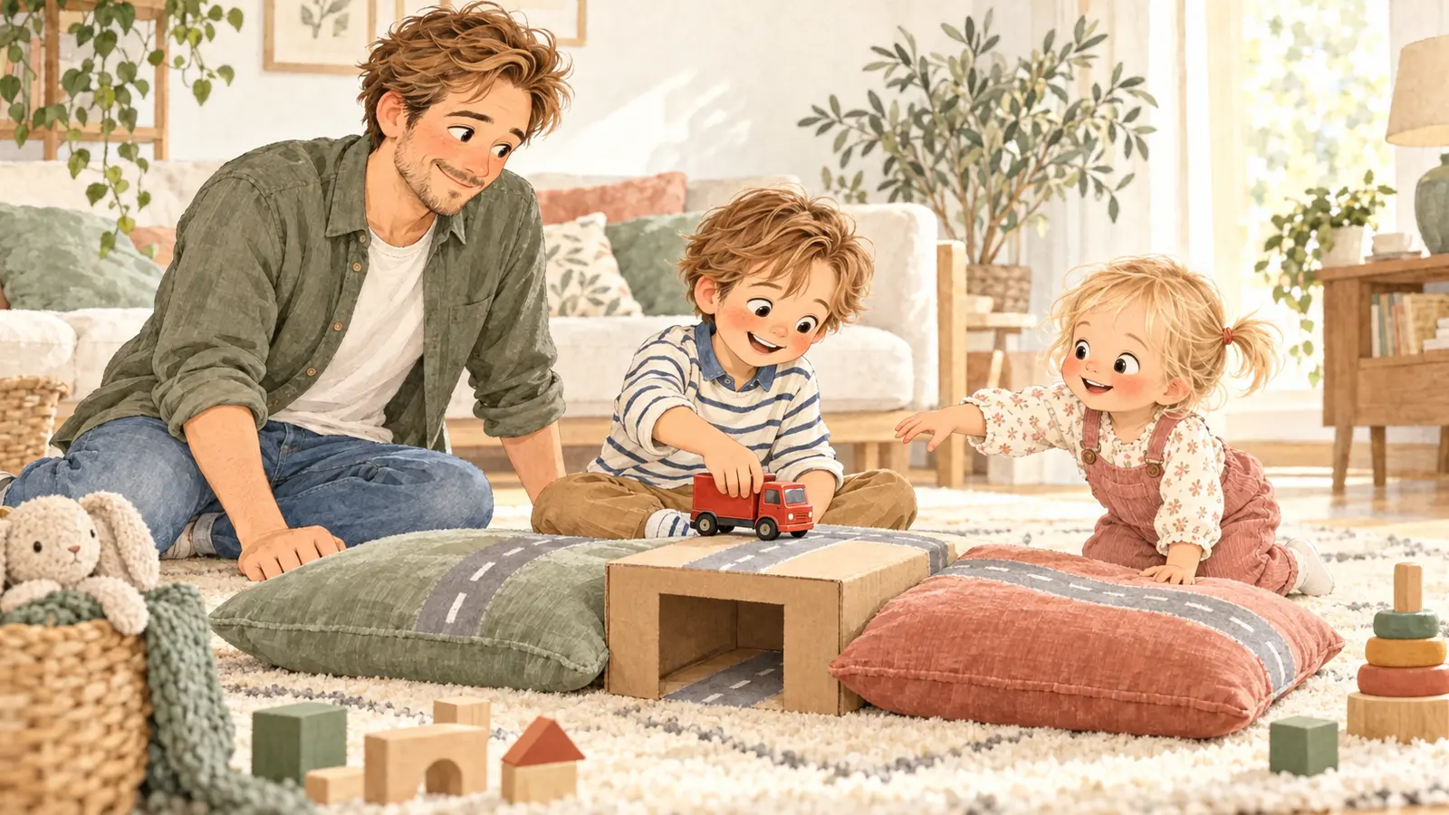 Julien acompaña a Oscar y Alice mientras se turnan para jugar con un pequeño camión rojo.