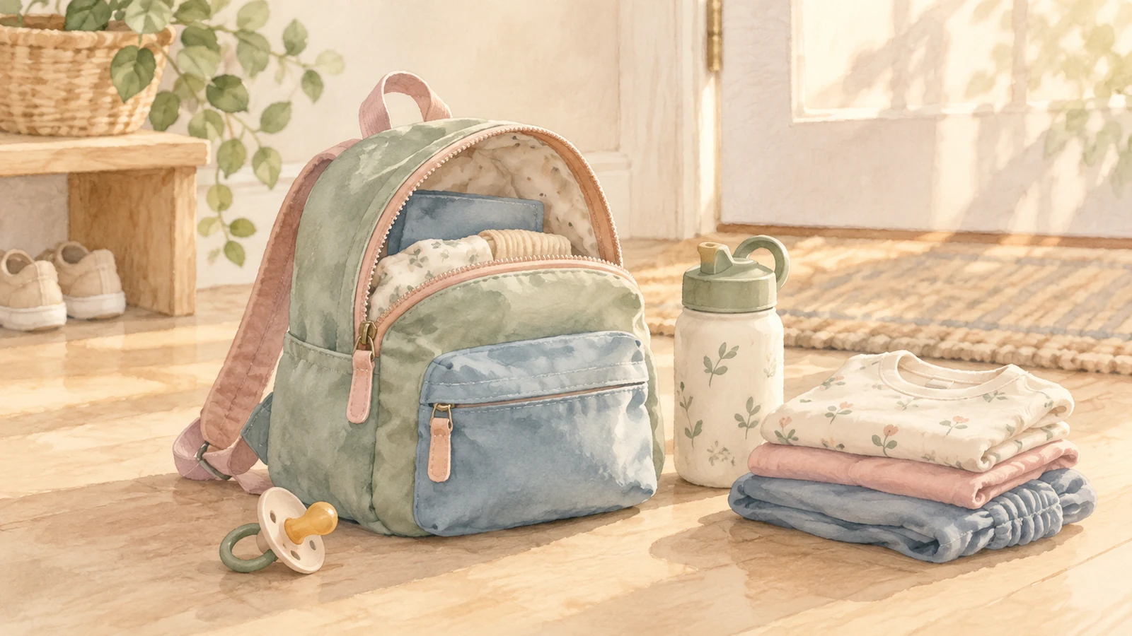 Une tétine posée près d’un petit sac d’école préparé pour la rentrée.