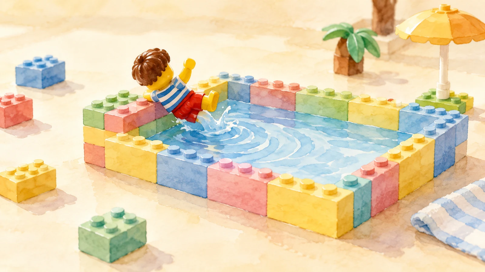 Una figurita de juguete cae en una piscina en miniatura construida con bloques de colores.